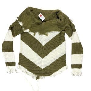 Derek Heart Sweater S Olive Green White Striped Distressed Frayed Pullover New